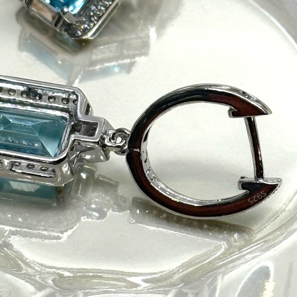 ET1 6.9CT Natural SWISS Blue Topaz Dangling Huggies Rhodium Sterling Silver S925 - Picture 4 of 6